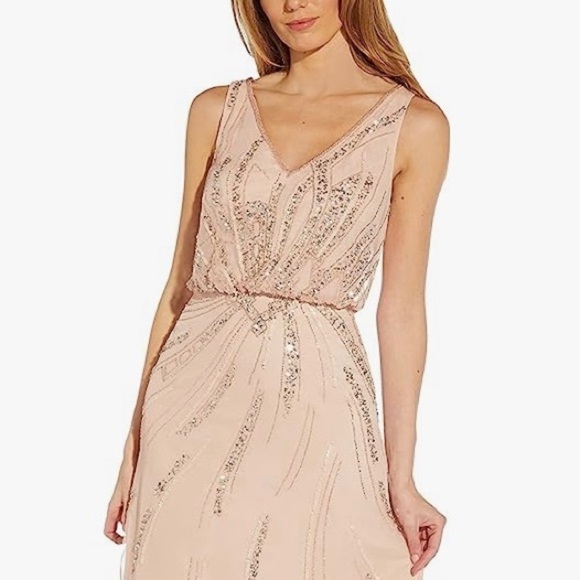 Adrianna Papell V-neck Sleeveless Beaded Blouson Gown in Blush - Picture 3 of 6